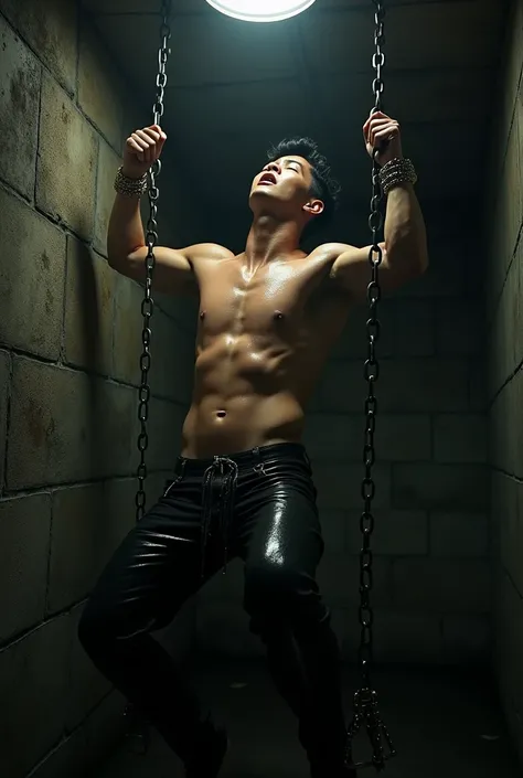 sweaty shirtless kpop man chained to the ceiling of a dungeon by his wrists wearing wet leather pants moaning 