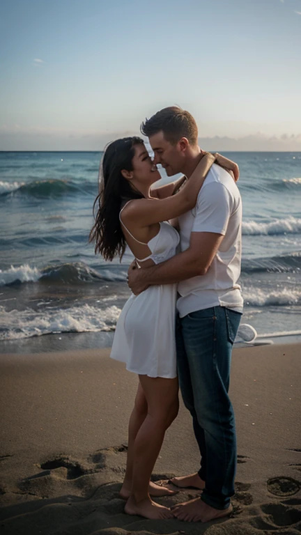 A couple hugging each other on the beach 