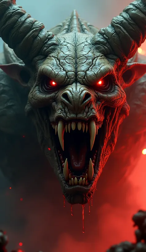 An extremely frightening and angry monster face, snarling fiercely with glowing, blood-red eyes filled with rage. The face is hyper-realistic and terrifying, with jagged, sharp rotting teeth bared in a furious snarl, saliva dripping from its mouth. Its cra...