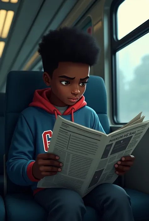 Black-skinned ,  boy with short black hair ,  Wearing a blue sweatshirt and red sweatshirt with GAP lettering.  Comfortably seated in a seat on the train ,  holding newspaper .  Face tense and focused,  with eyes immersed in the pages of the newspaper . Qu...