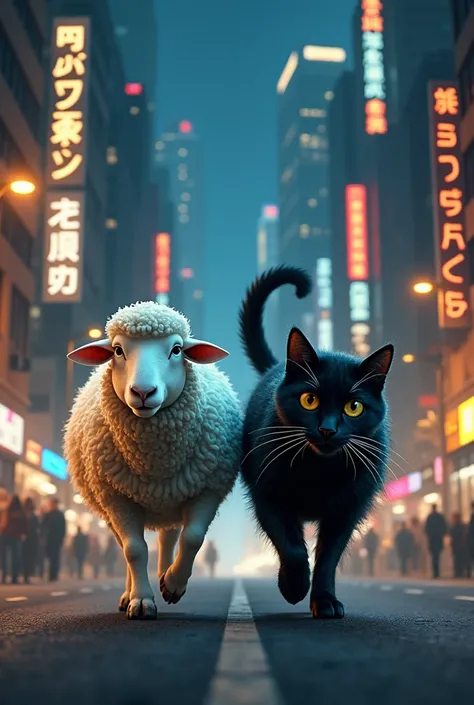 The sheep followed the black cat to the city, where the cat jumped through busy streets and squeezed into small places. The sheep tried to follow but felt lost in the noise and chaos city at night