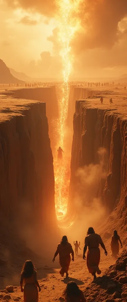  A deafening crack as the desert ground violently splits open, dust and debris filling the air. The camera captures the chaos: people running, screaming in panic as the chasm swallows Korah, Dathan, and Abiram. Alternating wide shots of the destruction wit...