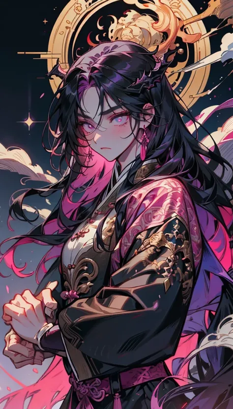  Lóng Yàn Líng is an imposing man,  with long magenta hair that flows like silk under the moonlight ,  reflecting an ethereal glow .  His blossoming violet eyes seem to contain the cosmos itself ,  radiating a mesmerizing and intimidating presence . Its lo...