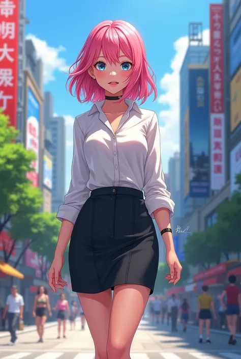  teenage girl, pink hair, blue eyes, white blouse, Black skirt, black shoe, walking down the street