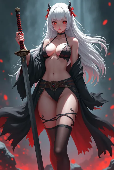 anime woman, white long hair, cute, thick thighs,, thick hips, samurai outfit, holding up a ultra long katana, round anime eyes, anime concept, ronin  torned apart cropped outfit, dark anime concept, ripped clothes, thick thigh, transparent outfit