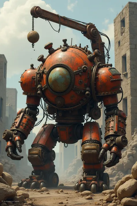 rusty steampunk eightleged orkish crawling stomper. his crane beam swinging with demolition-ball on chain. mechanical hand holds concrete piece. heavy squat body with many pipes and gearwheels. evening steampunk ruins on background. Warhammer 40k