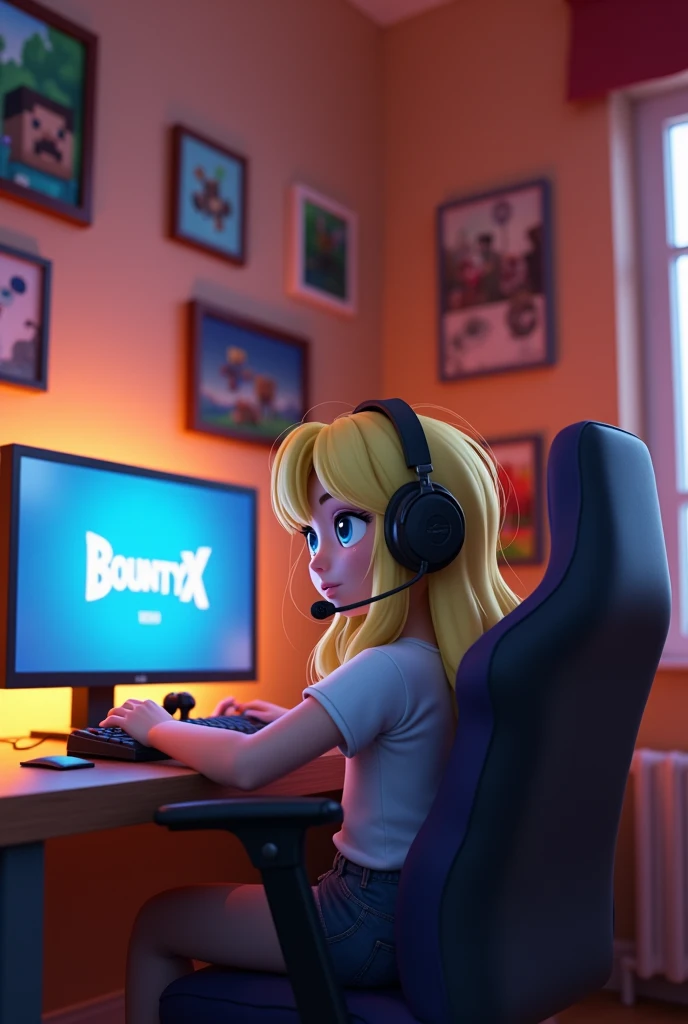 Personnage Minecraft  blonde au yeux bleu dans sa chambre assise sur sa chaise de gaming devant son pc ou c’est écrit bountyx , avec un casque de jeu vidéo sur les oreilles, derrière elle des les rose avec des cadres de Minecraft et brawl star
