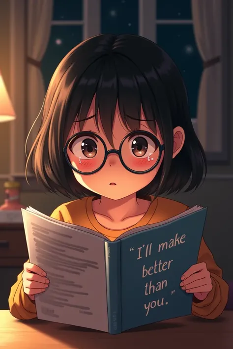 A sixth-grade girl with glasses crying while looking at a magazine that says “Ill make better than you”