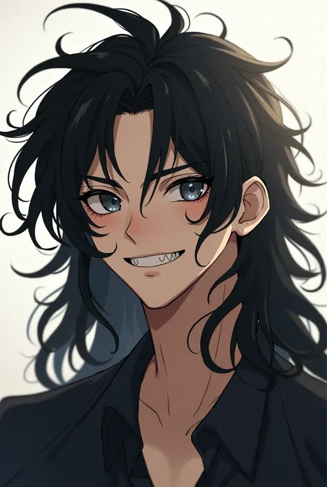  long hair ,  , slightly wavy 、 tall man with black shoulders .  because he usually detaches them .   their distinguishing feature is 、They have two sharp canine teeth 。., 、 and has a wild attitude when he smiles 。.