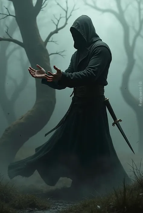 hooded man with open hands and a knife around his waist