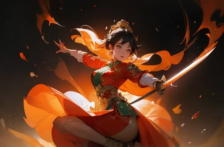 Fisheye lens with flames in the background, Chinese girl dancing with sword, Wearing Tang suit, one person, upward light, Ray tracing, rim light, glow effect, exaggerated movements, exaggerated perspective, tangerine, green, Realistic and ultra-fine render...