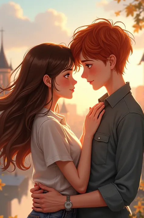  girl with brown hair kisses boy with reddish hair and freckles.  In front of a beautiful backdrop . Romantic photo .  should look real