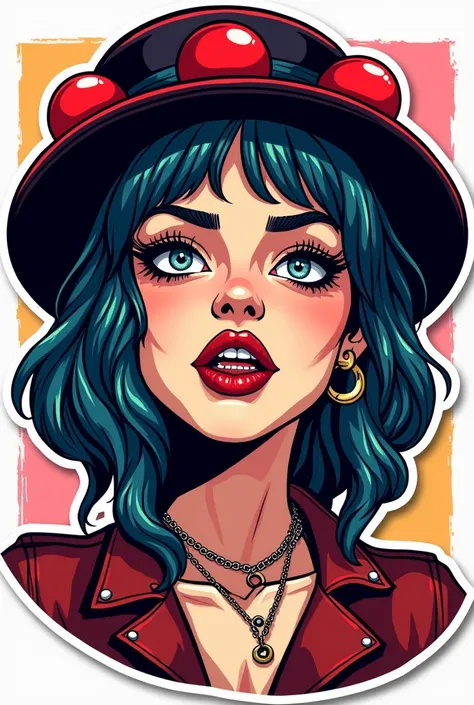  a sticker of a woman who has fangs ,  that it is colored like pop art , That her eyes are white , with a piercing in her eyebrows and nose with long eyelashes and with a hat with red balls 