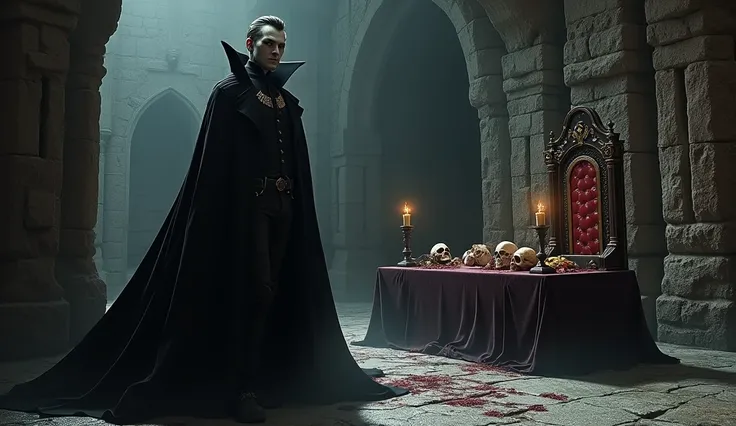 A man, Count Dracula, standing next to a vampire altar in a rock castle.,  features a Dracula throne ,  and a table with cells and skulls , Blood Cups 