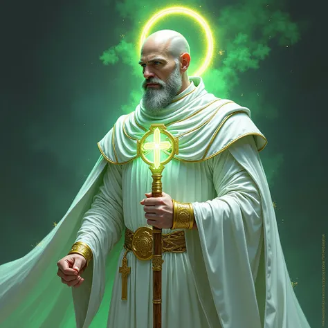  A Cleric with white armor , Is a human clergyman ,  wears armor that covers only from the neck to the feet ,  the armor has green lines full of energy or magic ,  the green symbolizes his abilities as a healer or Cleric ,  he has a divine ring behind his ...