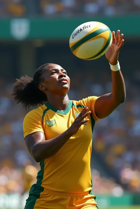 realistic image of south african female in gold unform catching a rugby ball