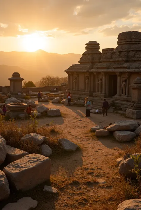 IMG_7875.CR2, cinematic shot of Ancient City Ruins, As the sun sets, an ancient temple is bathed in the golden afterglow. The stone carvings and statues of the temple appear particularly solemn and sacred under the sunset. Surrounded by scattered stones an...