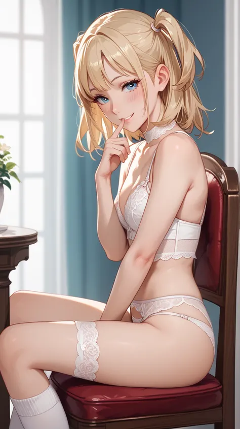 1girl, HD, Accurate, Best Quality, Blonde Hair, Hair Two Side Up, small breastEarrings, white lingerie,sitting on chair,Blush, From Side, Seductive Smile, finger on mouth, white high socks