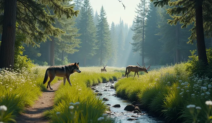 "A realistic photograph of a vibrant forest teeming with life, restored by the presence of wolves. In the foreground, a gray wolf with a sleek coat trots confidently along a forest path. Surrounding the wolf, the forest is lush with tall green trees, bloom...