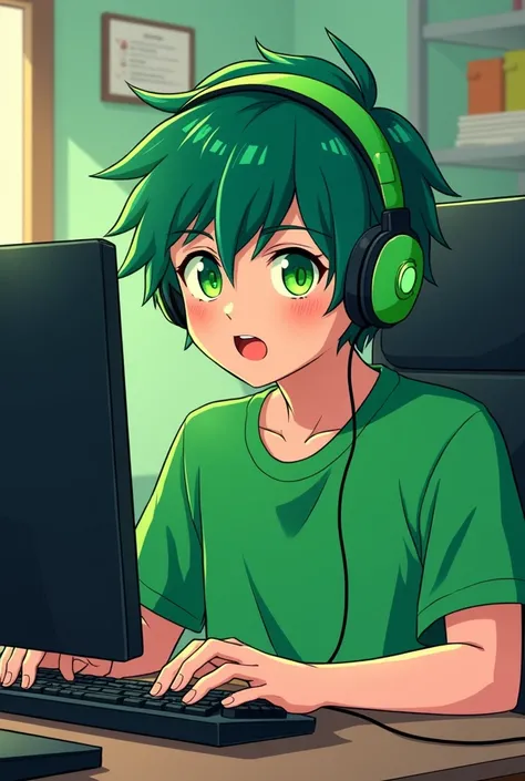 2D high school teen guy picture with anime face playing computer green hair,green eyes,green shirt ,wearing green color headset with flat face 