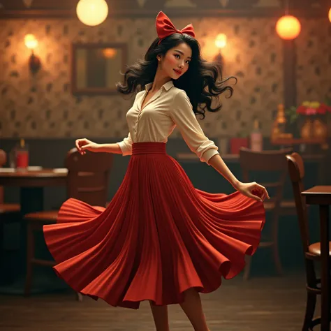 Asian woman in vintage 50s style dress. She wore a fitted shirt and a flared skirt with many pleats and a belt at the waist. Her hair is long and wavy with a large bow. She is swing dancing in a pub with her skirt flying up.