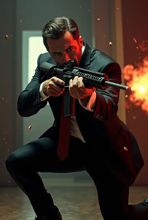 (best illumination, high contrast, sharp details), (a person:1.2+male), Italian, mobster, black suit, red necktie, white shirt, black slacks, black polished shoes, standing, dynamic action pose, holding rifle, m16 rifle, muzzle flash, shell casings, gunsmo...