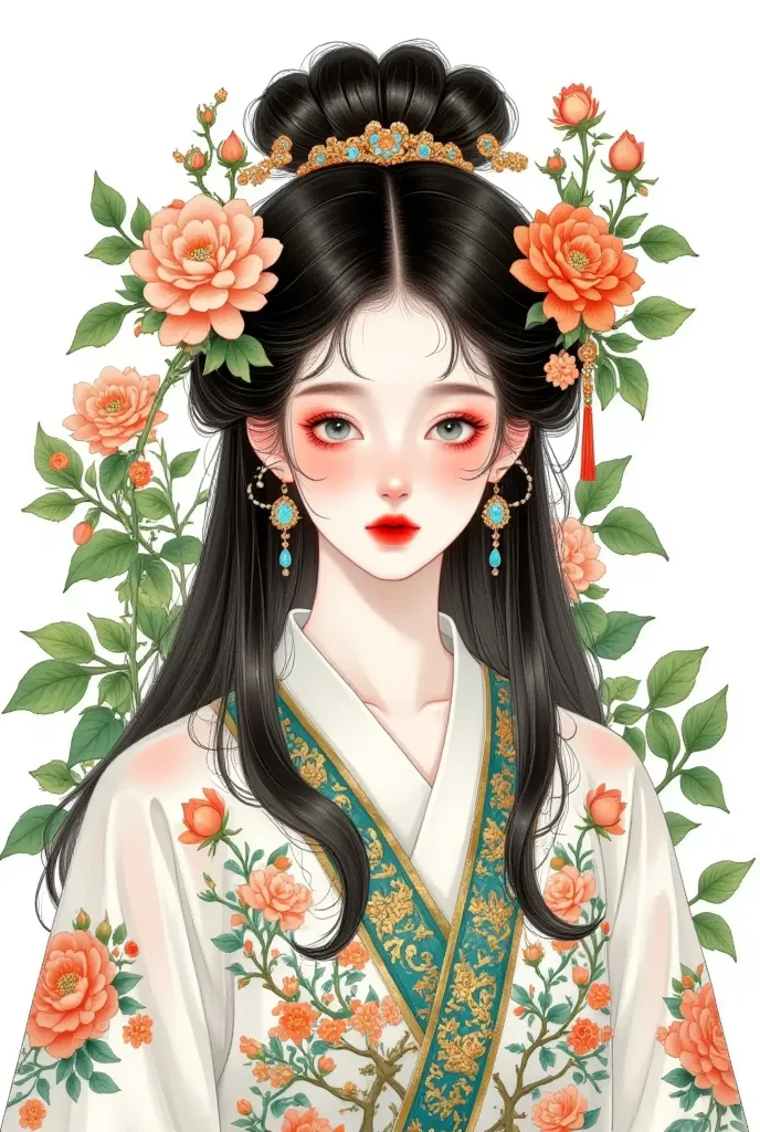 an illustration of an elegant woman（main body，can be replaced with another） with black hair and green eyes, wearing earrings sha...