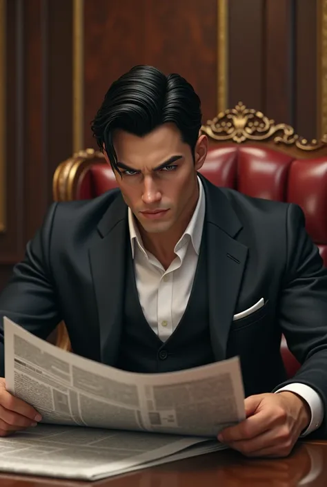 Realistic black-eyed young man , high, muscular,  short black hair , Cropped gown ,  dressed in an elegant 3-piece suit in an elegant office and reading a paper 