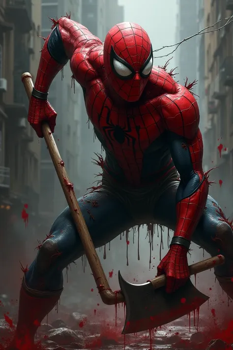 Bloody-smelling Spider-Man with an axe in his hand actually 