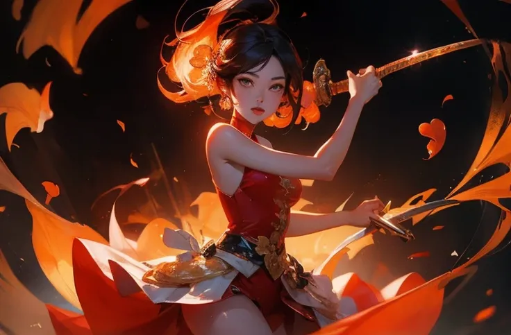 Fisheye lens with flames in the background, Chinese girl dancing with sword, Wearing red Tang suit, one person, upward light, Ray tracing, rim light, glow effect, exaggerated movements, exaggerated perspective, tangerine, green, Realistic and ultra-fine re...