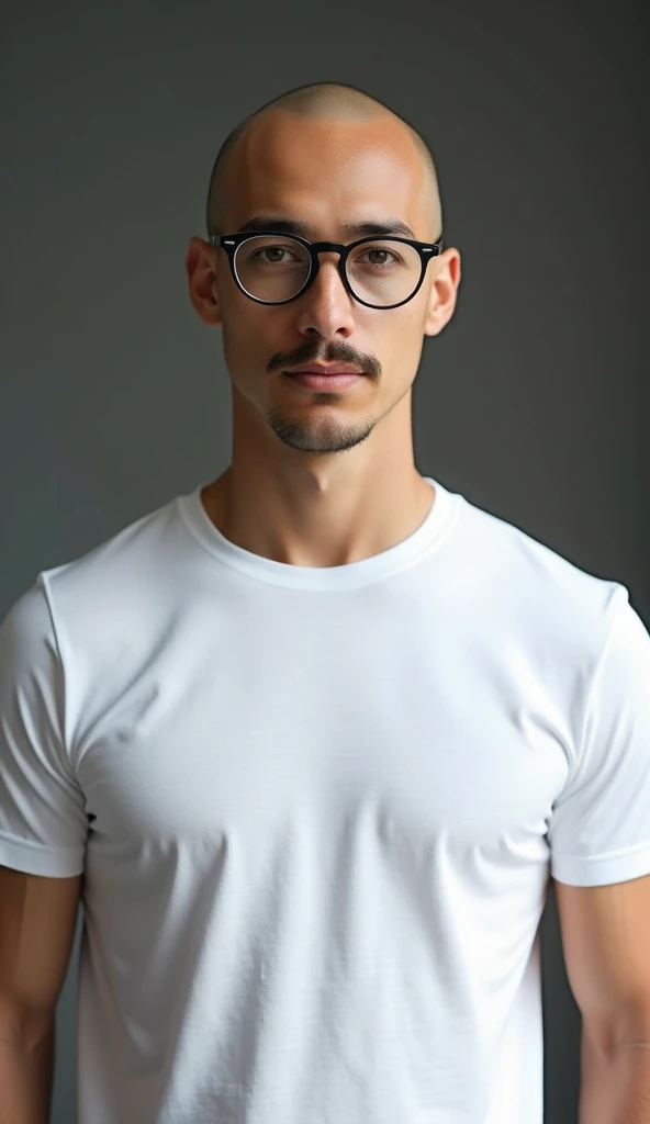  white t-shirt of a Thai man.,, 38 years old  , , bald, skinhead , Put on round glasses ,Thin lips, The face is very handsome., with a thin mustache , on the T-shirt. There is the word "Kontuenthum "model,detail,