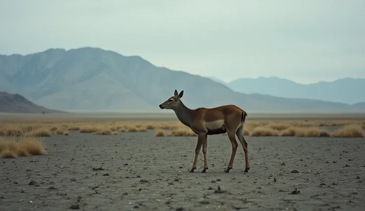 "A realistic photograph of a barren, overgrazed plain, where the ground is cracked and vegetation is sparse. In the foreground, a lone deer looks frail and malnourished, with its ribs visible. The sky is overcast, with a muted gray tone, adding to the somb...