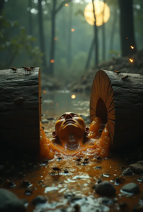 "Depict a time-lapse scene of scaphism, starting with a bright and sunny day as the victim lies trapped between two logs, smeared with honey. The image transitions into a dimly lit night where fireflies hover around the swamp, and more insects cover the vi...