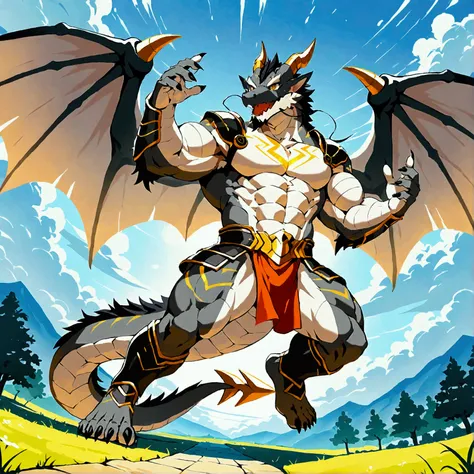 character focus, full body, looking away, dynamic angle, dragon, muscular middle-aged dragon man, silver gray skin, dragon wings, dragon muzzle, dragon face, complete anatomy, perfect proportions, beautiful thigh gap, fluffy body, intricate fur details, be...