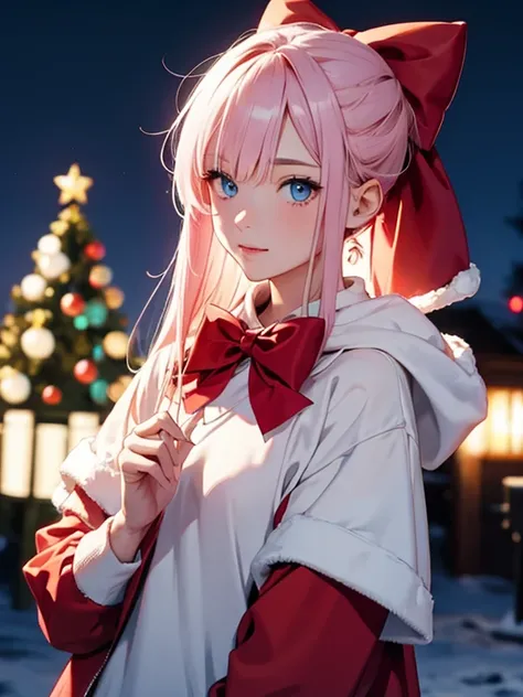  Wear Santa Claus clothes、 Christmas tree in the background 、 Holding a present 、Make your eyes brown  、  Make your mouth smile 、  1 girl,albino, cute,  Light Pink Hair 、beautiful,  long hair,  blue eyes,  Wear a hoodie ,   hair with bow ,night lighting ((...