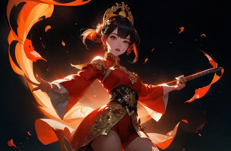 Fisheye lens with flames in the background, Chinese girl dancing with sword, Wearing red Tang suit, one person, upward light, Ray tracing, rim light, glow effect, exaggerated movements, exaggerated perspective, tangerine, green, Realistic and ultra-fine re...