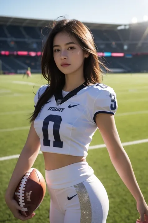 A girl is standing on a football field, holding a football in her hand and her eyes are full of emotion. Her body language shows that she is intent on turning her dreams into reality. There is a sparkle in her eyes in the sunlight, and her courage shows th...