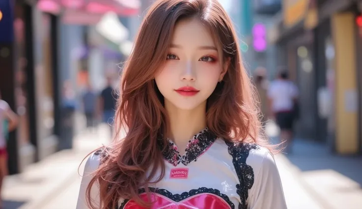 (masterpiece, Best picture quality, 8k), Real photo,Idol appearance,adult,  perfection of fashion, frontal, Korean makeup, Lip Tint,whole body,A faint smile, Busy City Streets, Clear weather, Exquisitely Painted , Realistic, Outdoor,  ultra high definition...