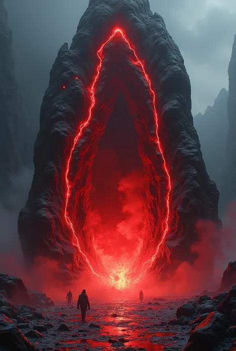 Massive hellgate, 4 meters tall, unique asymmetrical shape resembling abstract flame, made of crystallized obsidian with veins of glowing lava, 2-3 fist-sized rune slots prominently displayed, one rune already inserted and glowing deep red, another being p...