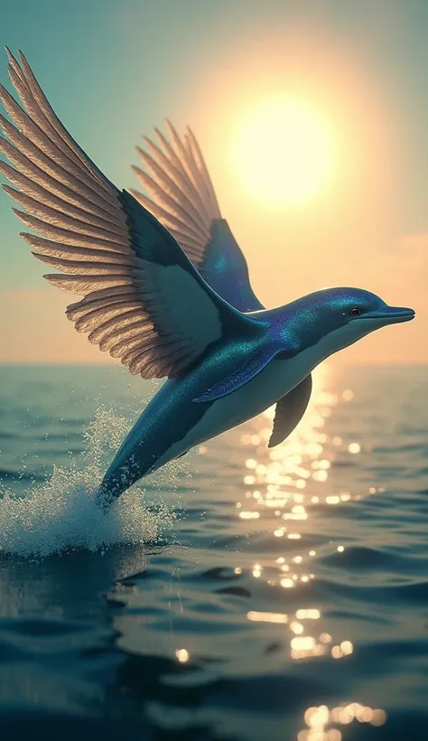 A dolphin with sleek feathered wings soars above the ocean, the sun casting golden light on its shimmering body.
