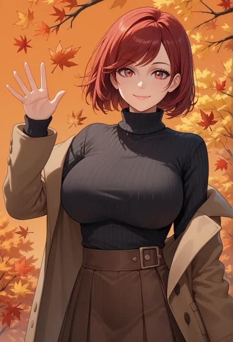 score_9, score_8_up, score_7_up,  1girl, autumn, autumn leaves, black sweater, bob cut, breasts, brown coat, brown skirt, closed mouth, coat, large breasts, leaf, leaf background, long sleeves, looking at viewer, medium hair, off shoulder, orange backgroun...