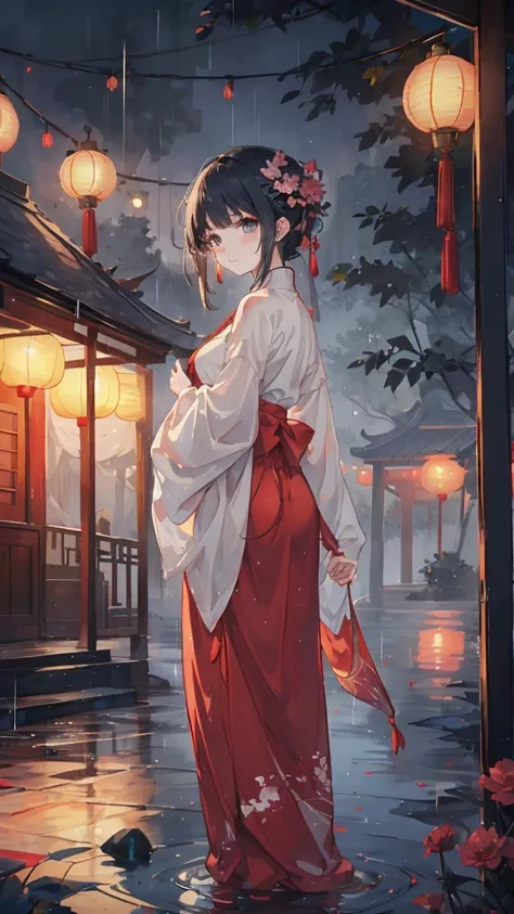  1 girl, heavy rain，Chinese-style gazebo in the center of the lake，Girl standing in the so far gazebo with her back to the camera，lots of rain, chinese lanterns,blue and gray