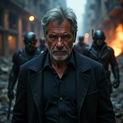 o Actor Harrison Ford as Thunderbolt Ross in a completely destroyed apocalyptic city, marvel villains, focus on the face, night weather, focus on the face, Ultra HD quality, best quality, high quality, realistic quality, sharp, ultra-realistic and realisti...