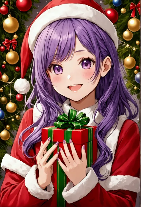 Girl with purple hair celebrating Christmas alone but happy