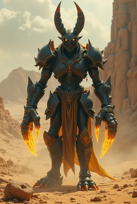 A combination of a scorpion, a jackal, and a cursed knight. Its body is covered in cracked, obsidian-like armor, and its claws emit a golden, ghostly glow.
Background: A vast, arid desert littered with the remnants of a forgotten civilization—cracked statu...