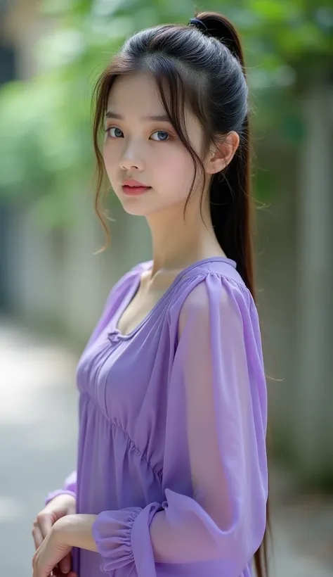 A 20-year-old Thai woman with a ponytail and blue eyes wears a purple short dress, looking away and aside. The scene captures her youthful charm and delicate pose, with the background softly blurred, focusing attention on her intricate details and the subt...