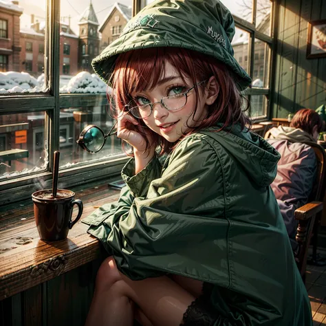 Short,  red hair ,  green eyes ,  metal-framed glasses,  green witch hat , green cloak, smiling girl sitting in a cafe by a snowy window.