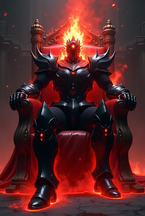 Mecha knight, black armor, head is covered with red flames, red flame eye on face, lower half of left leg covered with red flames, right arm covered with red flames, sitting on throne