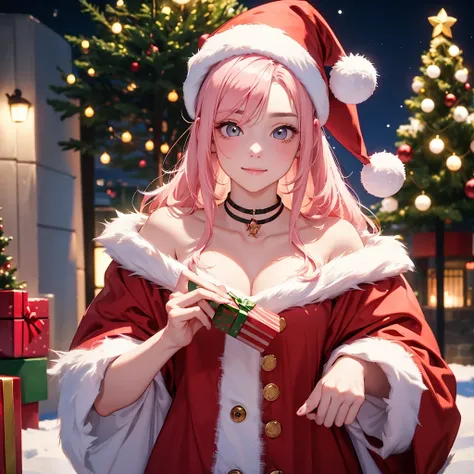  Wear Santa Claus clothes、 Christmas tree in the background 、Im holding a gift box、Make your eyes brown  、  Make your mouth smile 、  1 girl,albino, cute,  Light Pink Hair 、beautiful,  long hair, night lighting ((8k, ,  surreal))、