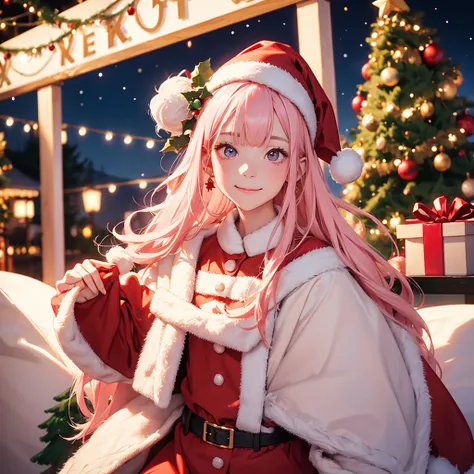  Wear Santa Claus clothes、 Christmas tree in the background 、Im holding a gift box、Make your eyes brown  、  Make your mouth smile 、  1 girl,albino, cute,  Light Pink Hair 、beautiful,  long hair, night lighting ((8k, ,  surreal))、